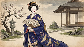 Eleganz in Blau: Eine Geisha unter dem blühenden Pflaumenbaum von my pixel art