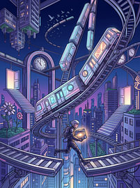 Surreale Cyberpunk-Galaxie, Läufer, Zug, Achterbahn, Stadtlandschaft – grafische Illustration von The Deeper Way