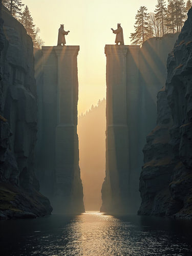 Stone statues of kings in autumn – fantasy mural