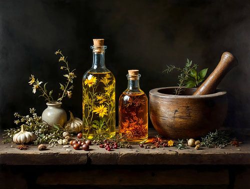 Kruiden, bloemen en oliën – klassiek stilleven met houten vijzel