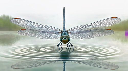 Libelle raakt het meer in de ochtendmist