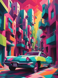 Retro auto in een futuristische stad