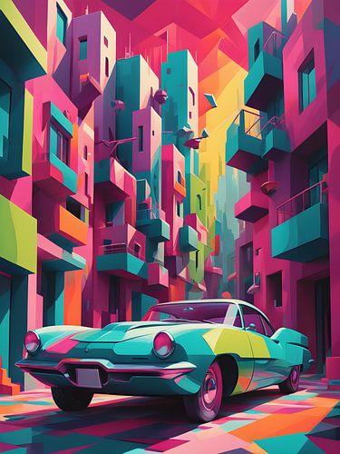Retro auto in een futuristische stad