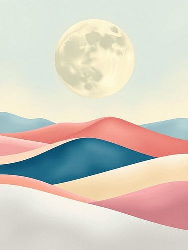 Woestijndromen onder de heldere volle maan: Een modern abstract landschap van rollende duinen in pasteltinten