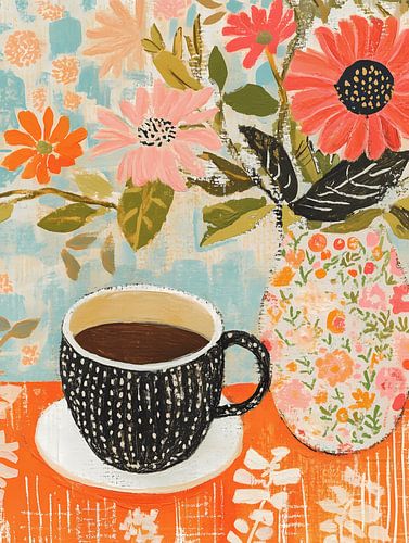 Nature morte avec café et vase de fleurs