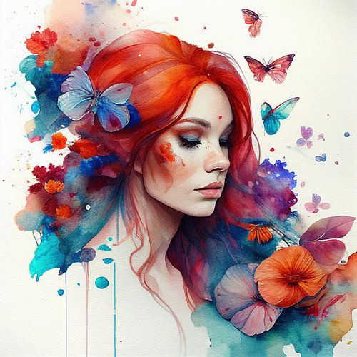 Aquarel Bloemen Rood Haar Vrouw #4 van Chromatic Fusion Studio