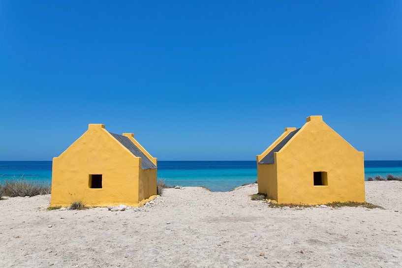 Two yellow slave houses by the sea on the coast of Bonaire by Ben Schonewille
