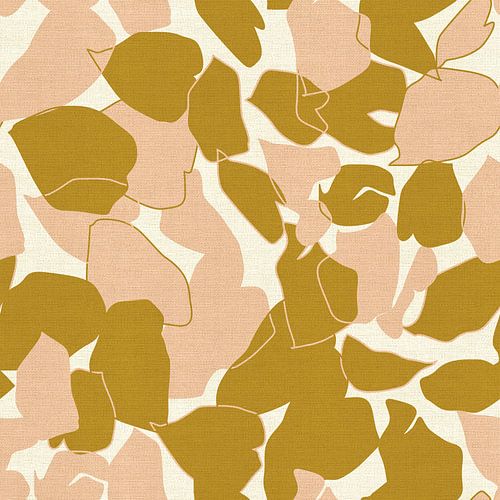Leaves in dark ocher yellow and pink on linen. 70s Retro  Pattern I by Dina Dankers