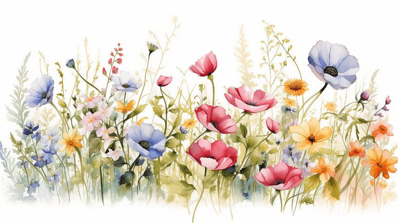 Prairie de fleurs colorées en aquarelle Design d'art sur fond blanc par Animaflora PicsStock