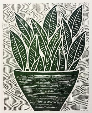 Handicraft Art Fine Detailed Wood Engraving of Green Plant by Color Square