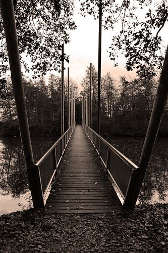 Een mysterieus lange brug boven het water in zwart wit
