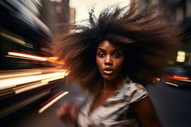 Portret van een jonge vrouw in een drukke stad