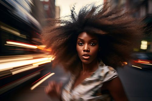 Portrait of a young woman in a busy city