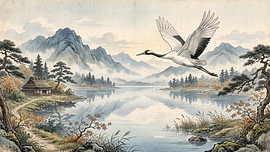 Crane Over Serene Waters by my pixel art