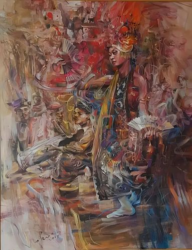 Schilderij van traditionele Jaipongdans uit Indonesië