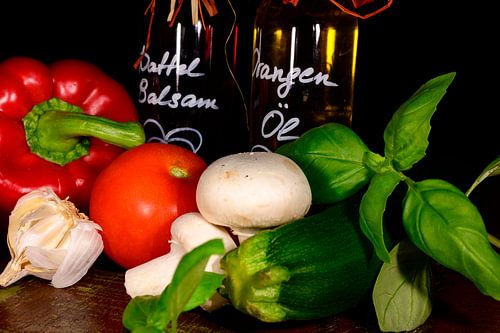 Various fresh ingredients for preparation of a meal.