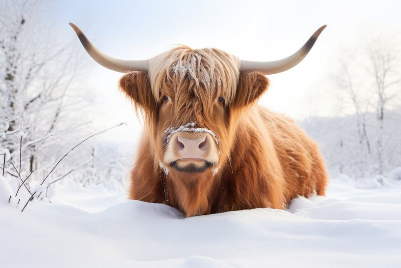Scottish highlander lies in the snow by Digitale Schilderijen