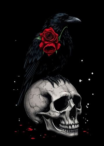 Donkere raaf met schedel en roos