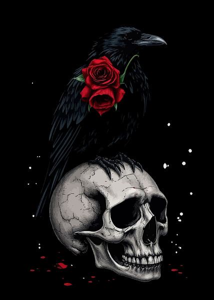 Dunkler Rabe mit einem Totenkopf und einer Rose von MIROKKU