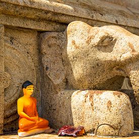Petite statue de Bouddha au pied d'un temple bouddhiste, Anuradhapura, Sri Lanka sur Jan Fritz