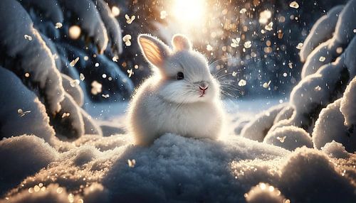 Speels sneeuwkonijntje in een winterlandschap