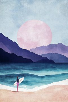 Surfer bij Roze Maan van Studio BB