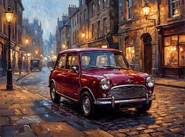 Red Mini Cooper on Cobblestones at Dusk