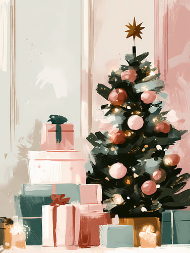 Sapin de Noël et cadeaux aux couleurs pastel