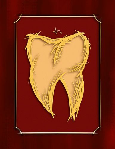 Gouden tand kunstwerk, ouderwetse stijl. Versiering tandartspraktijk. Tandarts.