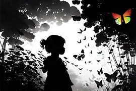 Een zwart-witfoto met een silhouet van een meisje dat neerkijkt op een enkele kleurrijke vlinder.