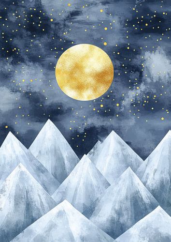 Golden moon over snowy mountains