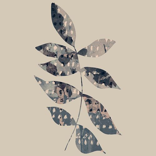 Blad in grijs, taupe, beige. Wabi- sabi botanische collage.