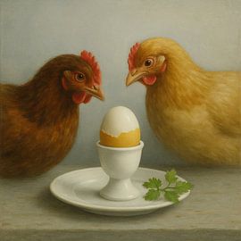 Two chickens and an egg - playful still life art by Kleurenrijk