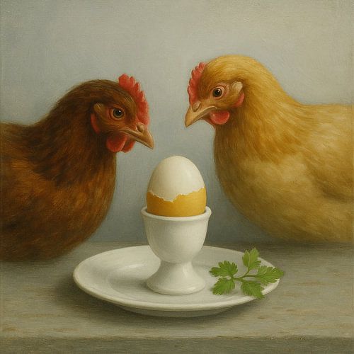 Twee kippen en een ei – speelse stillevenkunst