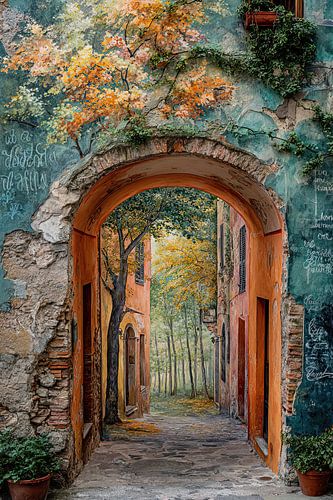 Poort naar Herfstbos - Dromerig Street Art Schilderij