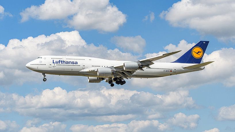 Landing Lufthansa Boeing 747-8 passenger plane. by Jaap van den Berg