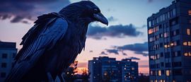 Raven black against an urban backdrop at dusk by Poster Art Shop