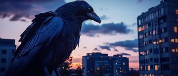 Raven black against an urban backdrop at dusk by Poster Art Shop
