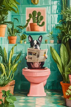 Dog in a colourful bathroom with plants by Poster Art Shop