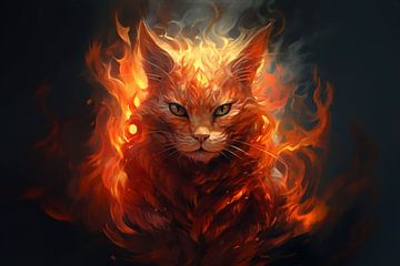 Chat en feu furieux avec des flammes sur fond noir sur Evelien Doosje