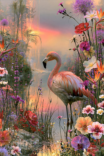 Flamingo mit tropischen Blumen