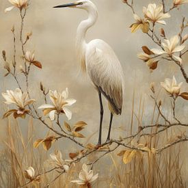 Witte reiger tussen magnolia’s – elegante natuurkunst in zachte beige tinten van But First Framing