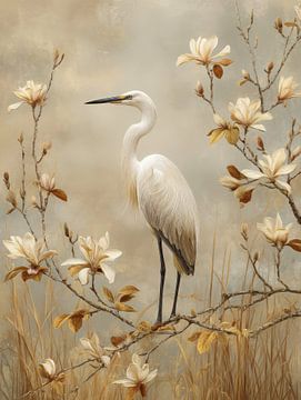 Weißer Reiher zwischen Magnolien - elegante Naturkunst in sanften Beigetönen