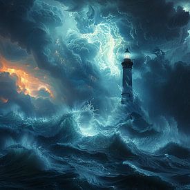 Dramatic lighthouse in a raging storm at night by Felix Brönnimann