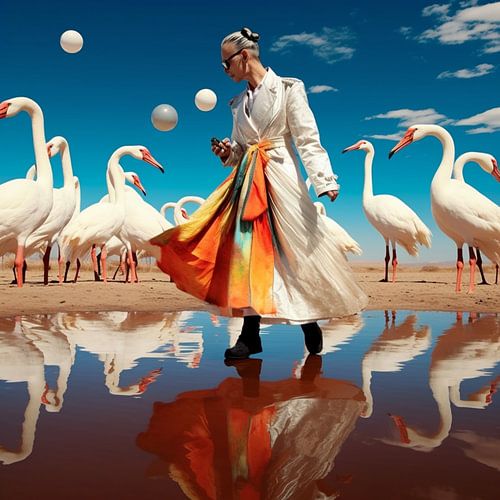Surreal vrouw witte vogels weerspiegeling wateroppervlak strand
