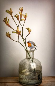 Still life branch in vase with bird by Marjolein van Middelkoop
