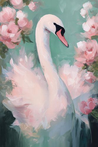 Cygne parmi les fleurs roses n°1