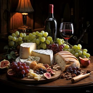 stilleven van wijn, kaas en brood sur Gelissen Artworks