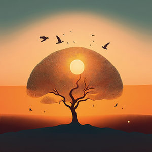 Illustration eines Baumes und von Vögeln bei Sonnenuntergang