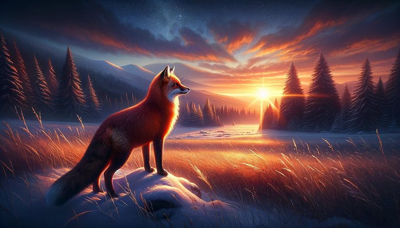 Lueur du soir au royaume de l'hiver : le renard contemple le coucher du soleil par artefacti